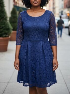 Betsey Johnson Navy 3/4 Sleeve Fit-and-Flare Dress Size 12